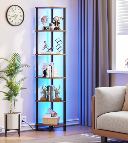 VIMBER 6-Tier Corner Shelf with LED Light, Industrial Corner Ladder Shelf, Rustic Display Shelf for Living Room, Bedroom