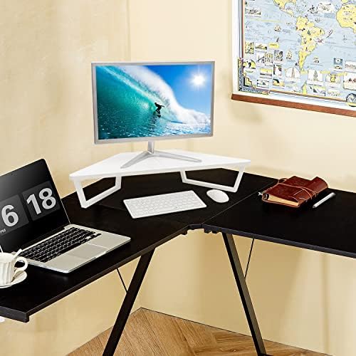 TEAMIX 26 inch White Triangle Monitor Stand Riser, Desktop Corner Shelf with Metal Leg Wood Computer Stand with Storage 