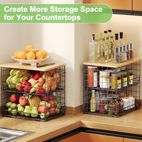 4 Pack Stackable Wire Baskets for Pantry Organizers and Storage, Pantry Baskets with Fixed Wooden Top, Fruit and Vegetab