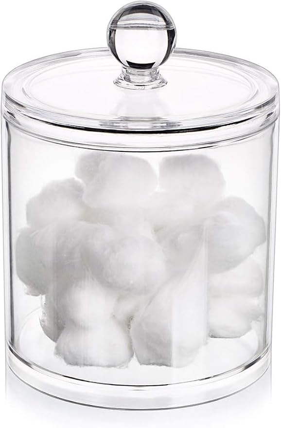 Acrylic Makeup Organizer Cosmetic Storage Display Case Makeup Brush Cotton Ball Pads Swab Q-tip Holder Lipstick Dispenser Canister Bathroom Container (3.7x3.7x3.9in, 1 Box, Clear)