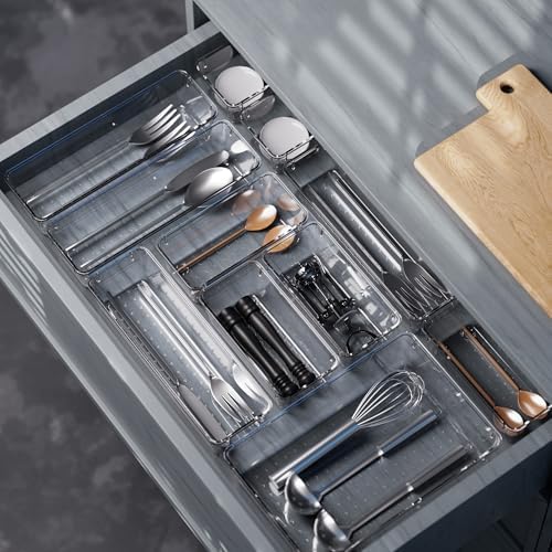 Cetomo 14 Pcs Drawer Organiser Set, Plastic Storage Organizer, Drawer Dividers, Adjustable and Expandable, Container Tray for Kitchen Utensils, Cosmetic, Makeup, Gadgets, Clear, 4 Size-14 Pack