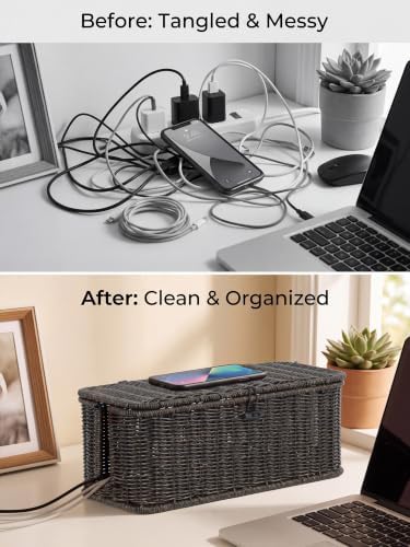 Cable Management Box, Cord Organizer with Lid & Cable Ties - Black, M