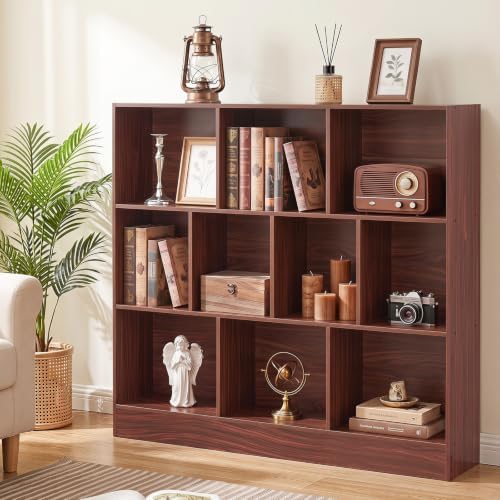 YAHARBO 3 Tier 10 Cube Long Horizontal Bookshelf,Under Window Shelf,Walnut