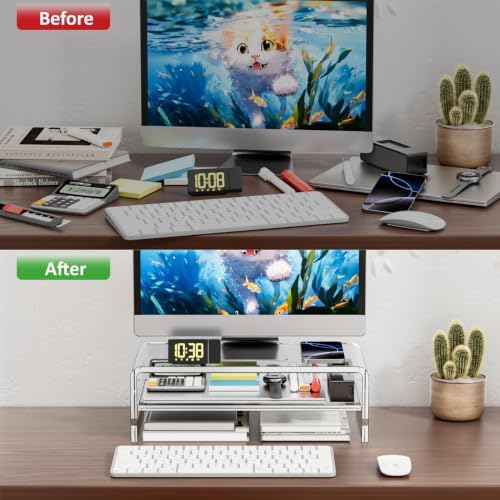 Egchi Clear Acrylic Monitor Stand Riser 2 Tier, 5.12 Inches High Clear Computer Desk Organizer Shelf for Multi Media PC 