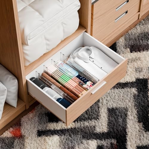 Yieach 8 Pack Clear Acrylic Drawer Divider 6 Inch High,Expandable from 14-20'',Adjustable Dresser Drawer Dividers for Ba