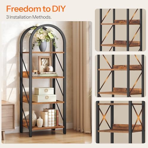 HOOBRO Bookshelf, 4-Tier Arched Bookshelf, Industrial Bookcase with Metal Frame, Small Book Shelf Storage Organizer for 