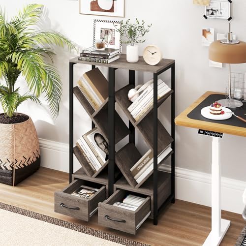 GIANTEX Tree Bookshelf with Drawer, 4-Tier Narrow Bookcase with Metal Frame, Tall Floor Standing Storage Organizer for S