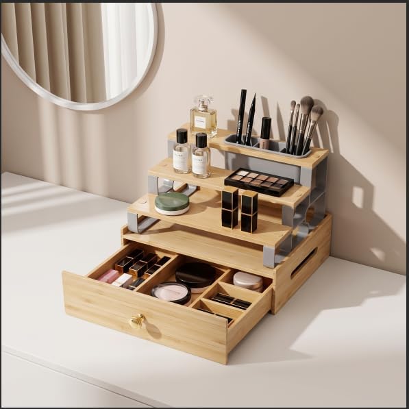 Makeup Organizer with 6‑Compartment Drawer & Makeup Brush Holder
