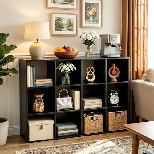 SUPER DEAL 12 Cube Storage Organizer, Open Shelf Bookcase, Wood Cubical Shelves Closet Cabinet Display Unit with 6 Remov
