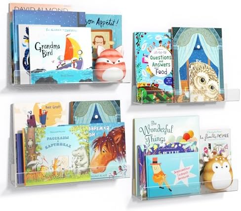 NIUBEE 16.5-Inch Acrylic Floating Bookshelves, 4-Pack, Clear Modern Wall Shelves for Child/Toddler， Invisible Ledge Book Shelves for Multi-Layer or Multi-Room Storage in Kids’ Rooms and Family Spaces