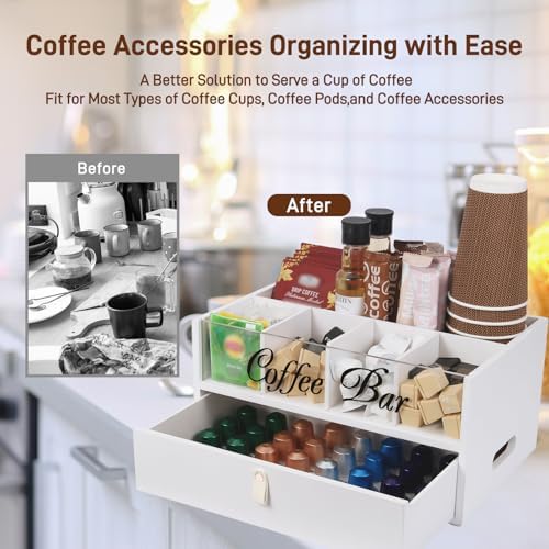 2-Tier Coffee Bar Organizer with Clear Acrylic Top, Built-in Drawer and Leather Handle Pull for Countertop, Stylish Coff