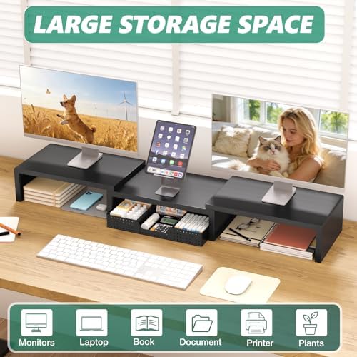 OPNICE Dual Computer Monitor Stand Riser, Desk Organizer with Drawer, Office Desk Accessories & Workspace Organizers for