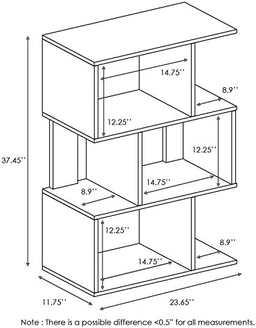 Furinno SIMPLY Book Shelf, 3-Tier Geometric Bookshelf, S-Shape Bookcase with Open Shelf, 11.8" x 23.6" x 37.3", for Orga