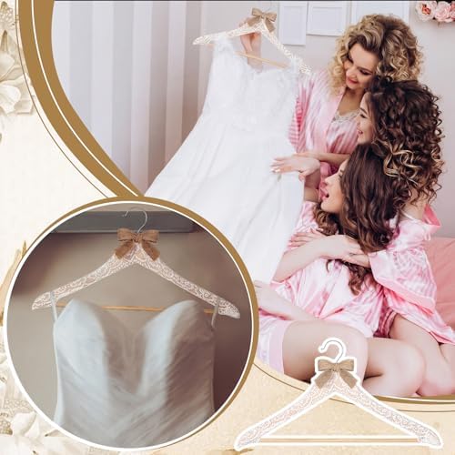 Wonderjune White 10 Pcs Bride Hanger for Wedding Bride Groom Bridesmaid Ribbon Bow Pearl Hanger Wood Color Elegant Wooden Dress for Bridal Shower Tuxedo Photo Keepsake Party Gift (Lace Linen)