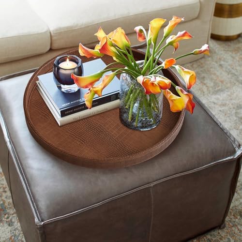 HofferRuffer Round Serving Tray 20'', Elegant Faux Leather Circle Ottoman Table Tray, Serve Tea Coffee Breakfast in Bedr
