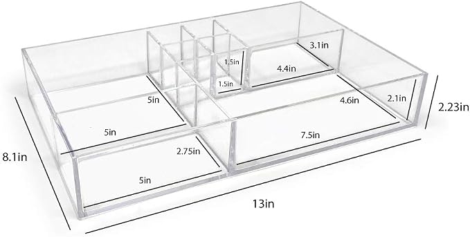 Isaac Jacobs 8-Compartment Clear Acrylic Drawer Organizer (13" L x 8.1" W x 2.3" H), Multi-Sectional Tray & Storage Solution for Makeup, School & Office Supplies, Bathroom, Kitchen