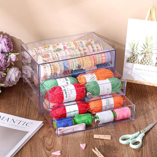 Wonderjune 1 Pack 3 Drawer Clear Washi Tape Organizer Acrylic Storage Box