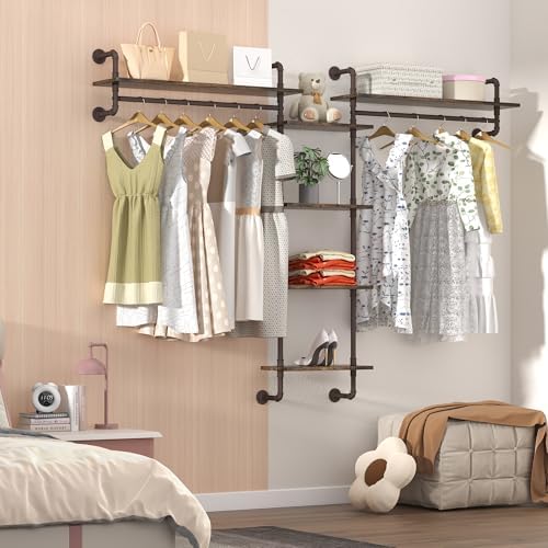 Helsin 5-Tiers 74inch Large Rustic Industrial Pipe Floating Shelving, Wall Mounted Heavy Duty Clothes Rack with Double H