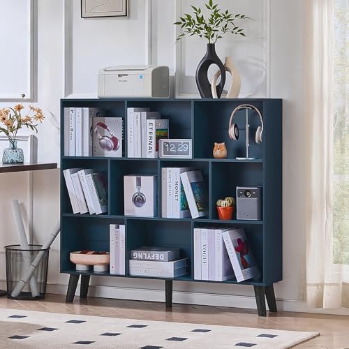 LEYAOYAO 10 Cube Bookshelf,Mid-Century Modern Bookcase with Legs,Dark Blue