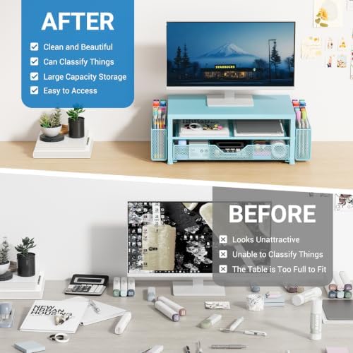 OPNICE Desk Organizers and Accessories, Computer Monitor Stand Riser with Drawer and 2 Pen Holders, Printer & Laptop Sta
