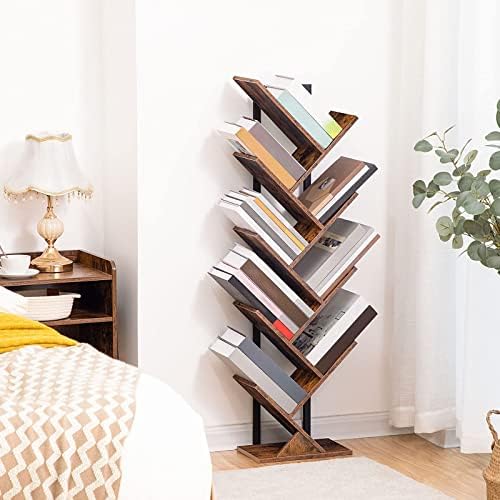 HOOBRO Tree Bookshelf, 9-Tier Bookcase Wooden Shelves, Floor Standing Storage Rack, for Display of CDs, Books in Living 