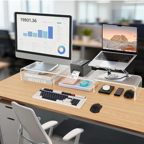 LEKETREE Acrylic Monitor Stand , Clear Monitor Stand for Desk, Computer Accessories for Home Office, Desk Organizer Shel