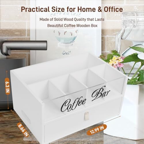 2-Tier Coffee Bar Organizer with Clear Acrylic Top, Built-in Drawer and Leather Handle Pull for Countertop, Stylish Coff