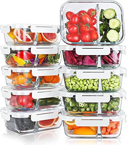 KOMUEE 10 Packs 30oz Glass Meal Prep Containers 2 Compartments, White