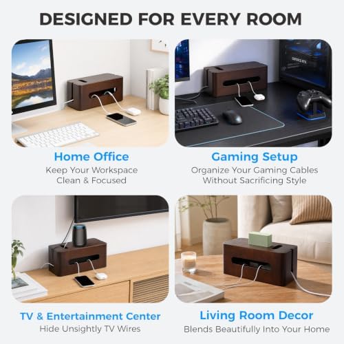 Large Wooden Cable Management Box, Cord Organizer for Power Strip, Surge Protector & Chargers, Ventilation Holes & Multi