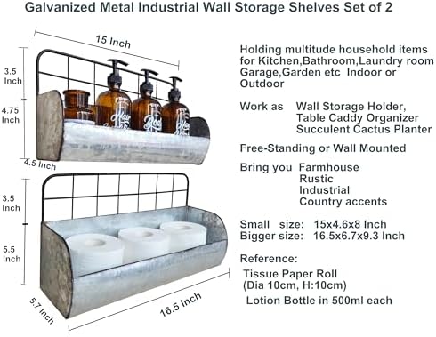 ShabbyDecor Galvanized Metal Farmhouse Wall Storage Holder Set of 2