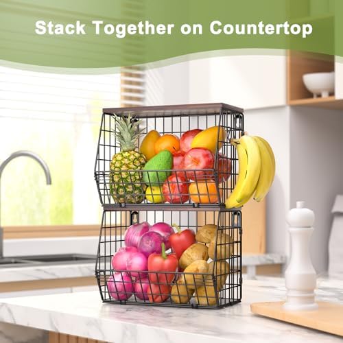 Wawocs Fruit Basket for Kitchen Counter 2 Tier Fruit Bowl, Stackable Wall Mounted Hanging Fruit Basket Wire Baskets with