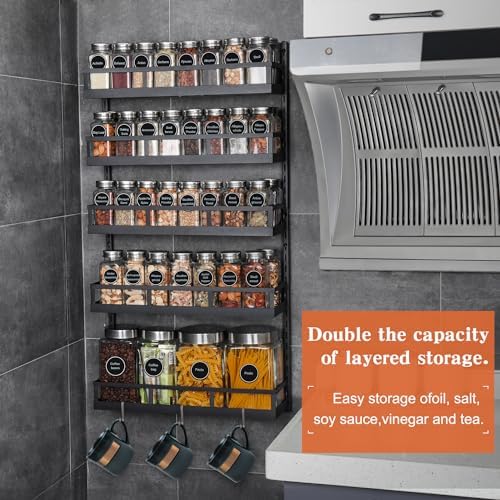 X-cosrack Wall Mount Spice Rack Organizer 5 Tier Height-Adjustable Hanging Spice Shelf Storage for Kitchen Pantry Cabine