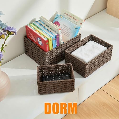 Small Wicker Basket for Organizing, Woven Storage Basket Set of 3 - Handwoven Natural Paper Rope Baskets to Declutter An