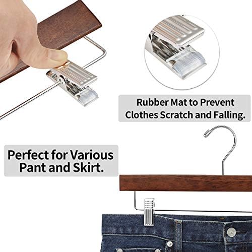 AMKUFO 20pcs Wooden Pants Hangers Solid Pants Hangers with Adjustable Clips 14 Inch Walnut Wood Skirt Hangers Trousers Bottom Hanger with Non-Slip Clips and 360° Swivel Hook