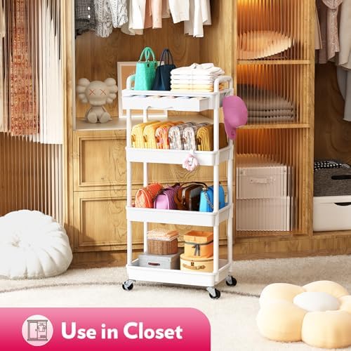 SUNALLY Makeup Cart Organizer with Drawer,4 Tier Rolling Makeup Cart, White