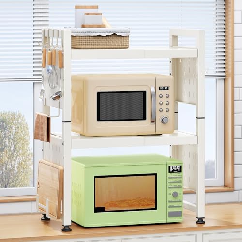 Expandable Microwave Stand, Heavy Duty 3-Tier Adjustable Microwave Oven Rack with 8 Hooks & 2 Holders, Space-saving Kitc