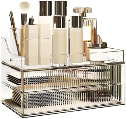 DASITON Clear Dustproof Two layers Storage Box,Makeup Brush Holder,Large Capacity Desktop Storage Box with Drawer,for Be