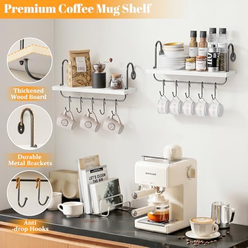 Olakee Floating Wall Shelves for Kitchen Bathroom Coffee Nook with 10 Adjustable Hooks for Mugs Cooking Utensils or Towe