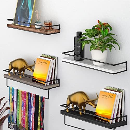 Meangood Floating Shelves Wall Mounted Set of 2, Wall Shelf with Towel Bar Rustic Wood Wall Storage Shelves for Bedroom,