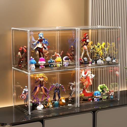 GUDEMAY Large Clear Stackable Acrylic Storage Bins with Door, Dustproof Figure Collectibles Display Case, Football & Mot