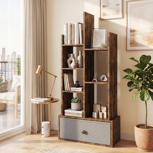 GIANTEX 5-Cube Bookcase with Large Drawer, Industrial Freestanding Open Display Shelving with Anti-toppling Device, 7 St