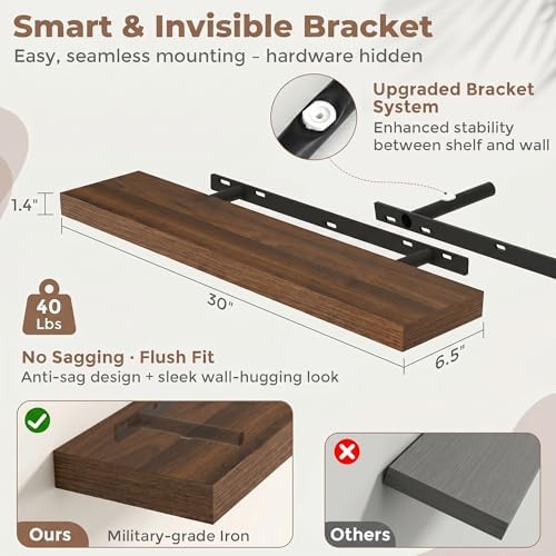 FLYJOE 30 Inch Floating Shelves for Wall Set of 2, 6.5" D Wood Grain Bathroom Shelves with Invisible Brackets, Easy Inst