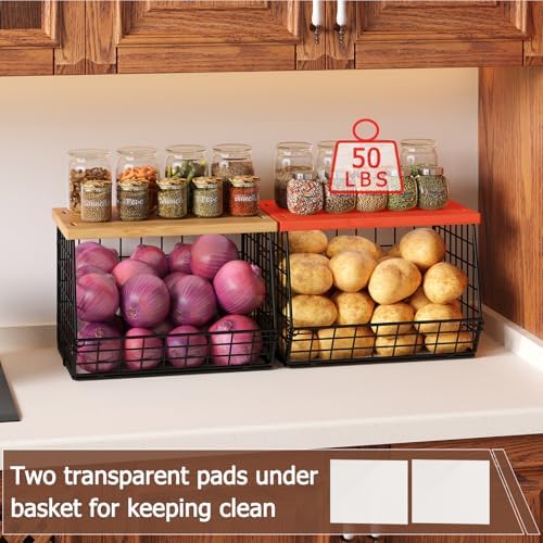 2 Set Stackable Wire Basket with Wooden Tops & Pad for kitchen organizers and storage, XXL Kitchen Counter Organizer for