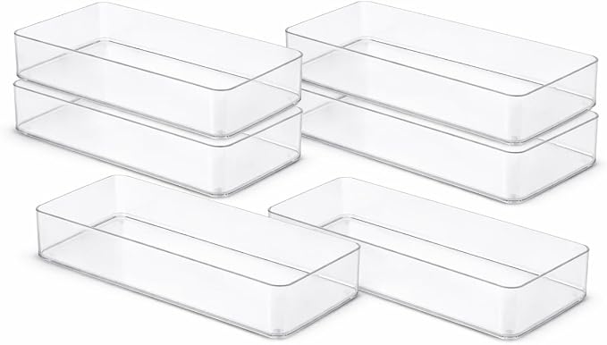 primebox Plastic Clear Acrylic Drawer Organizers. Bathroom, Kitchen, Bedroom, Utensils, Office Organizer Bins, Storage Trays. Heavy Duty, Stackable. 12" x 6" x 2" Set of 6