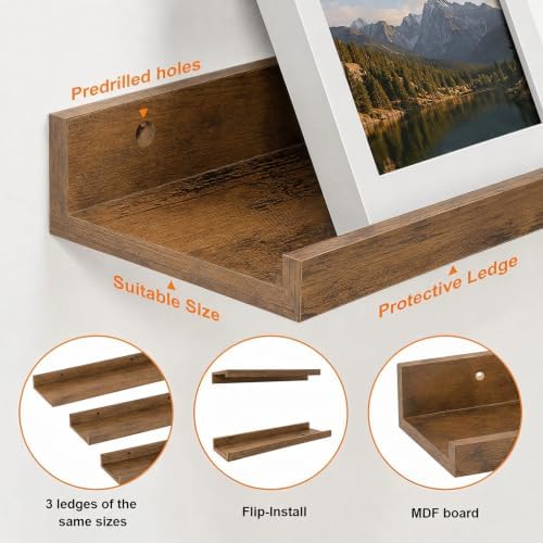 24inch Long Floating Shelves for Wall Decor, 3-Set Shelves with Lip, Brown