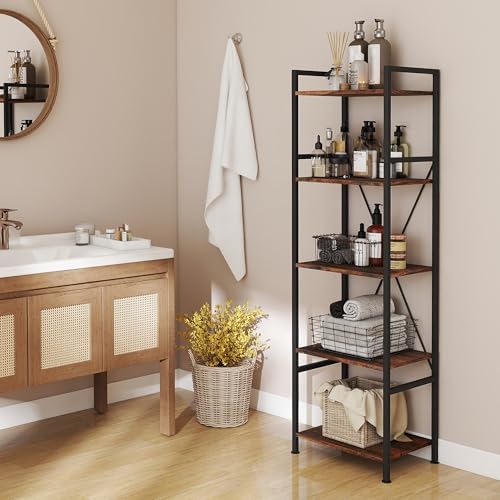 5 Tier Industrial Bookshelf, Storage Organizer, Rustic Brown