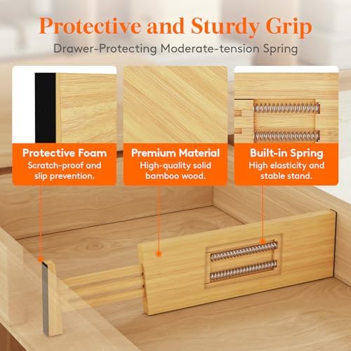 Lifewit 4" High Dresser Drawer Dividers, Adjustable Bamboo Drawer Organizer