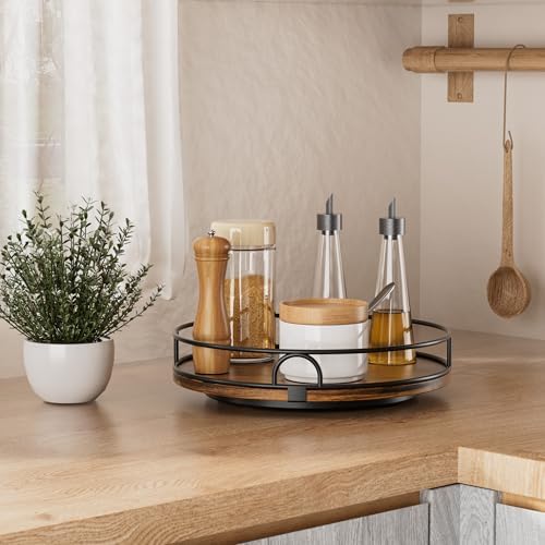 LAMU 12'' Rotating Lazy Susan Organizer, Wooden Lazy Susan Turntable