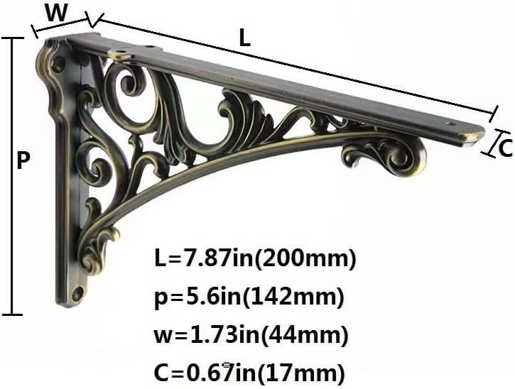 Decorative Shelf Bracket 8 inch, Brushed Antique Brass Brackets for Shelving, Heavy Duty Vintage, DIY Projects, Hardware