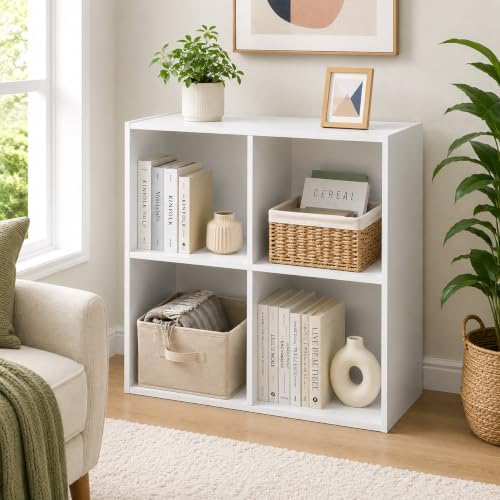 Kings Brand Furniture White Wood 4 Cube Organizer Storage Bookcase
